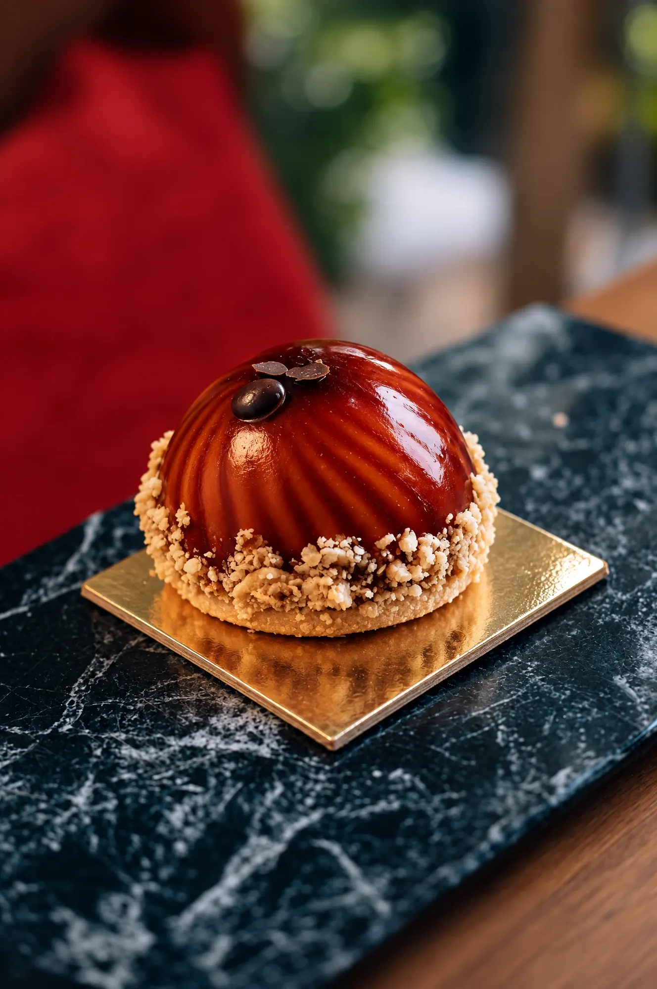 Glazed chocolate dome pastry on a marble board