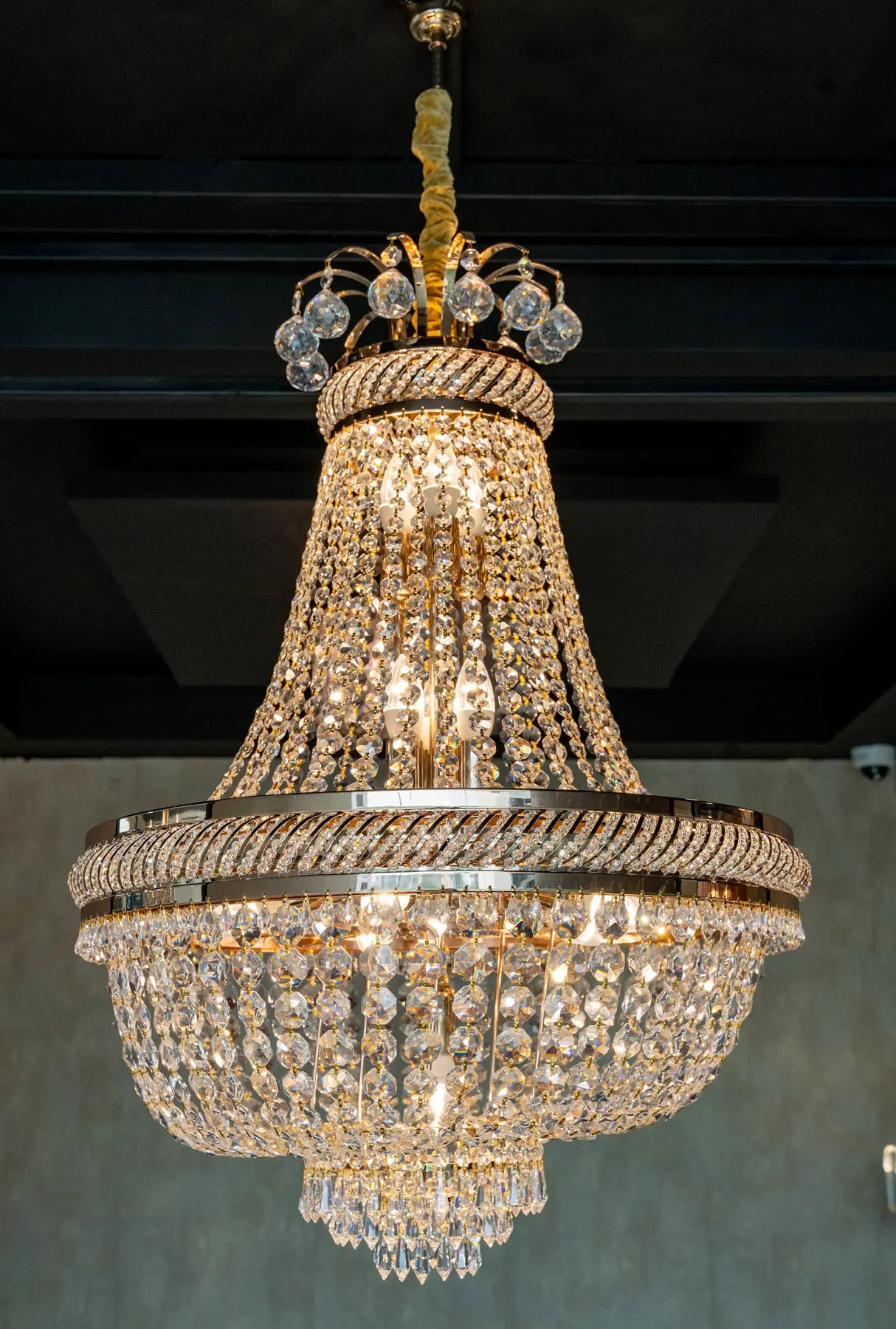 A tiered crystal chandelier