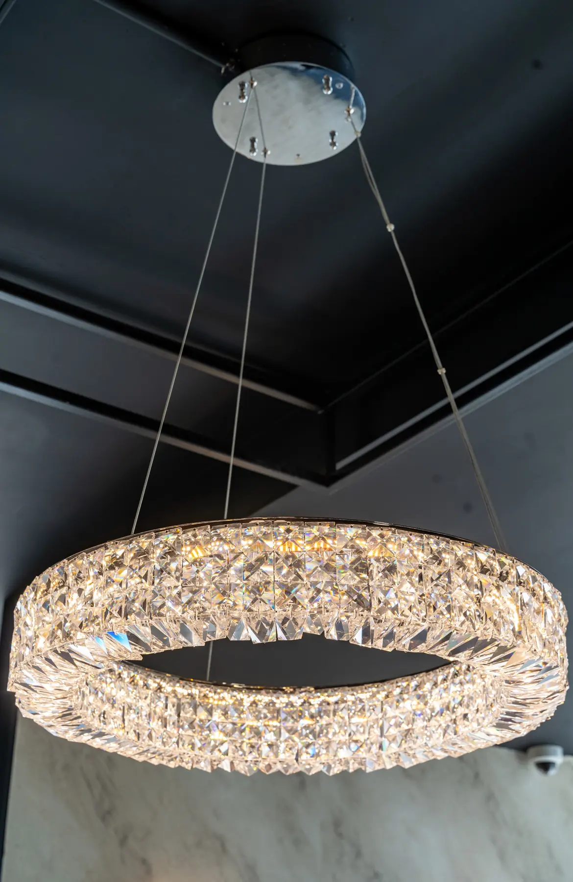 A ring of crystals suspended from the ceiling