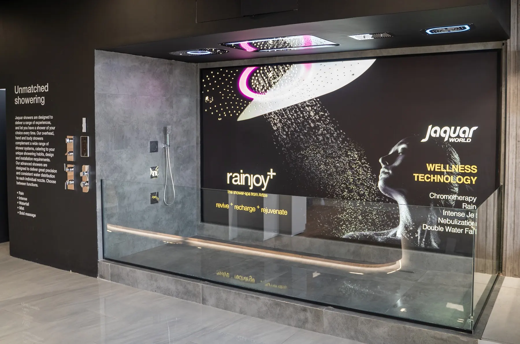 The Rainjoy wellness shower display in the showroom