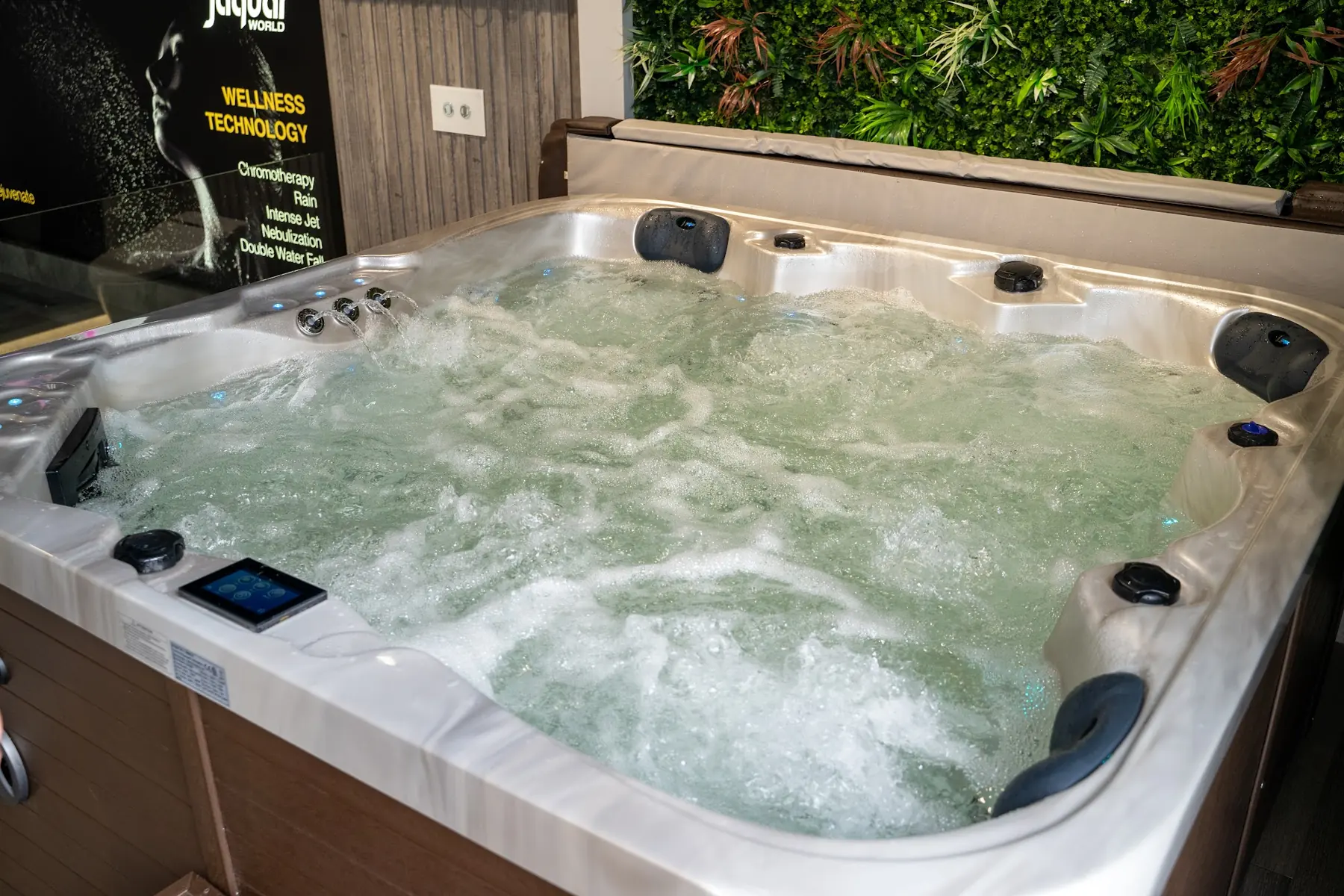 An outdoor spa with water jets running